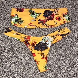 Shein Yellow Floral Bandeau Bikini
